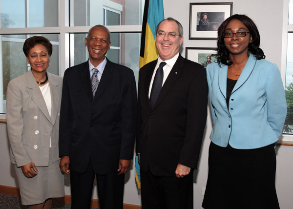 Food and Agriculture Organisation Representative for The Bahamas, Jerome Thomas visits with officials of the Ministry of Foreign Affairs on Monday, November 22, 2010. Pictured from left are Dr Patricia Rodgers, Permanent Secretary; Mr. Thomas; Deputy Prime Minister and Minister of Foreign Affairs and Immigration the Hon Brent Symonette; and Jacqueline Fox, National Correspondent, FAO. (BIS Photo/Derek Smith)